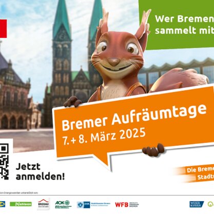 Zu sehen ist eine Großfläche zur Bewerbung der Aufräumtage. In der Mitte ist unser Umwelt-Eichhörnchen Pick und unten alle Sponsoren der Aufräumtage.